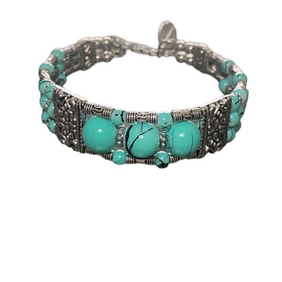 Turquoise Glass Bead Three Strand Silver Tone Bracelet - Picture 1 of 3